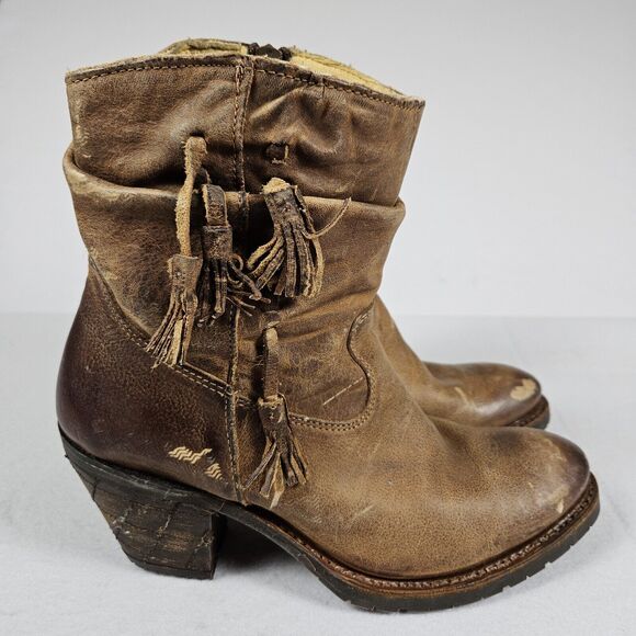 Justin Rustico Leather Boot Women 7 Distressed Western Cowgirl Tassel Brown Boho - Picture 2 of 16